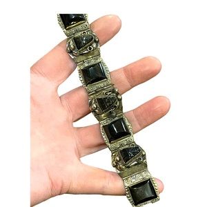 Vintage 1940s DF Mexico 925 Sterling black onyx mayan aztec link  bracelet